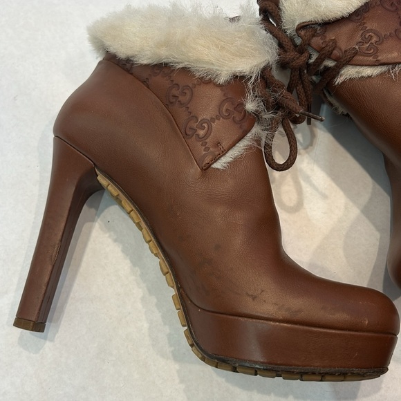 GUCCI MARMONT LOGO cognac LEATHER ANKLE BOOTS FAUX FUR TRIM WOMEN’S Size 7 / 37 - Picture 9 of 11